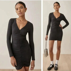 Reformation Black Mini Dress Long Sleeve Ruched Large Knit Ribbed Cally